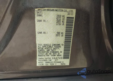 2014 Nissan Altima 2.5 Sv z USA, uszkodzony, nr VIN 1N4AL3AP3EC164749